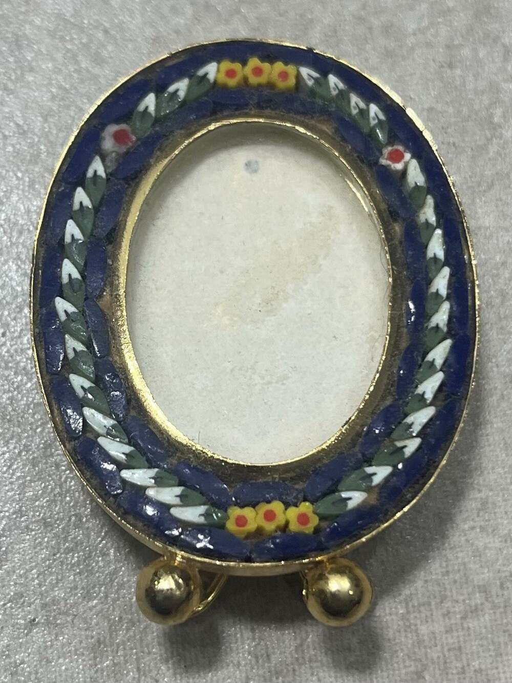 Vintage Italian Micro Mosaic Miniature Photo Frame Floral Oval Blue Italy